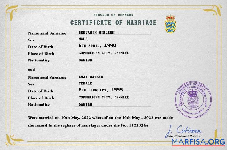 Blank Denmark marriage certificate PSD template